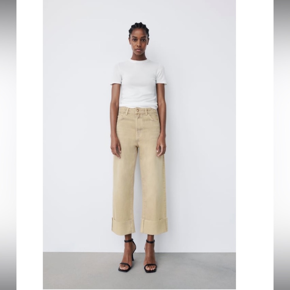 Zara Beige Cropped Wide-Leg Jeans